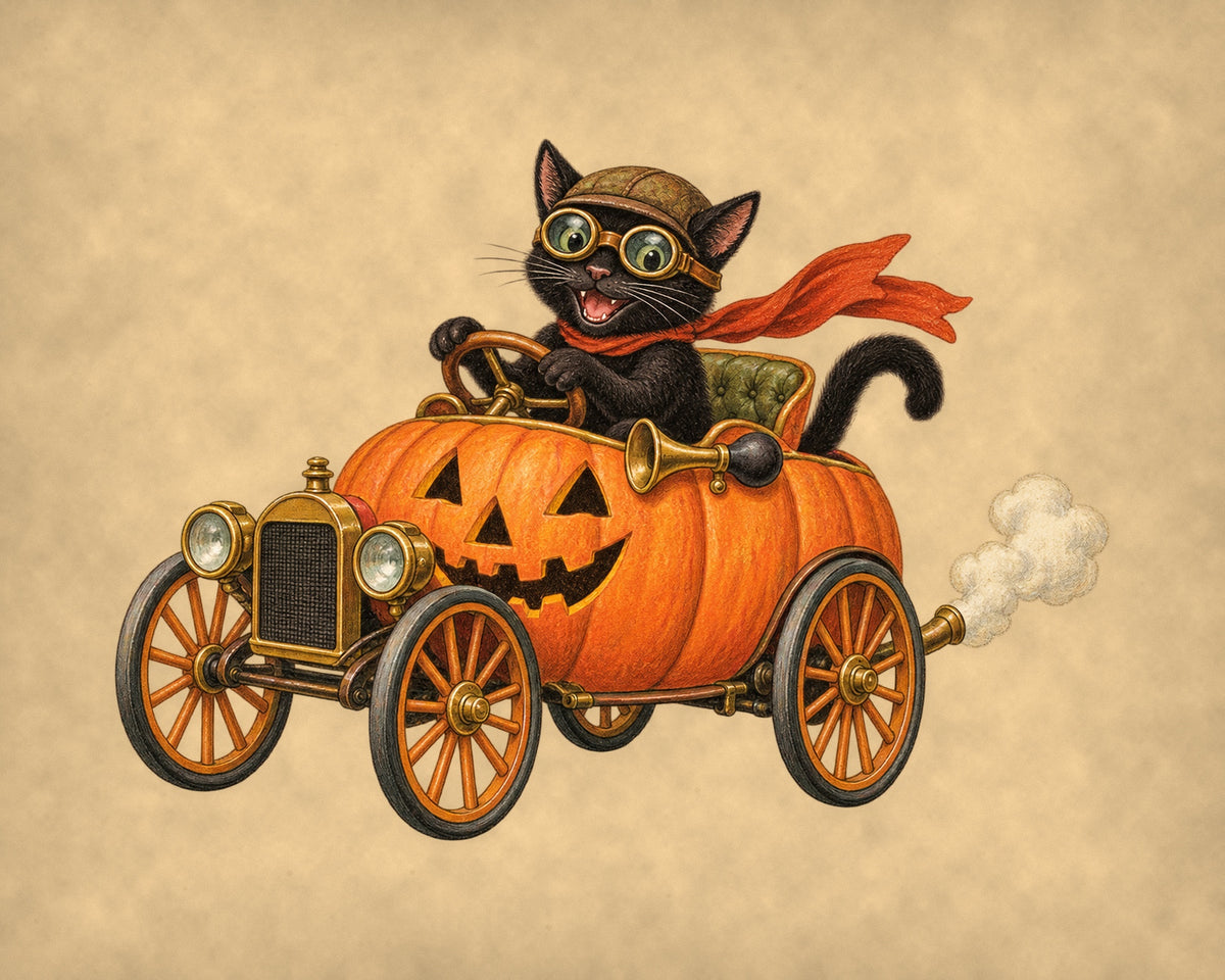 Vintage Halloween black cat driving a jack-o'-lantern car, antique postcard style 10x8 print