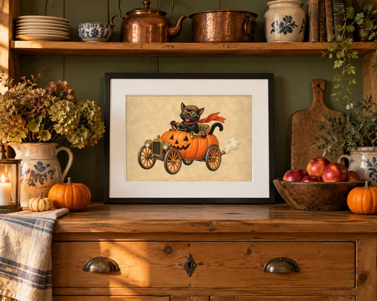 Framed vintage Halloween cat print on an antique pine kitchen hutch with copper pots