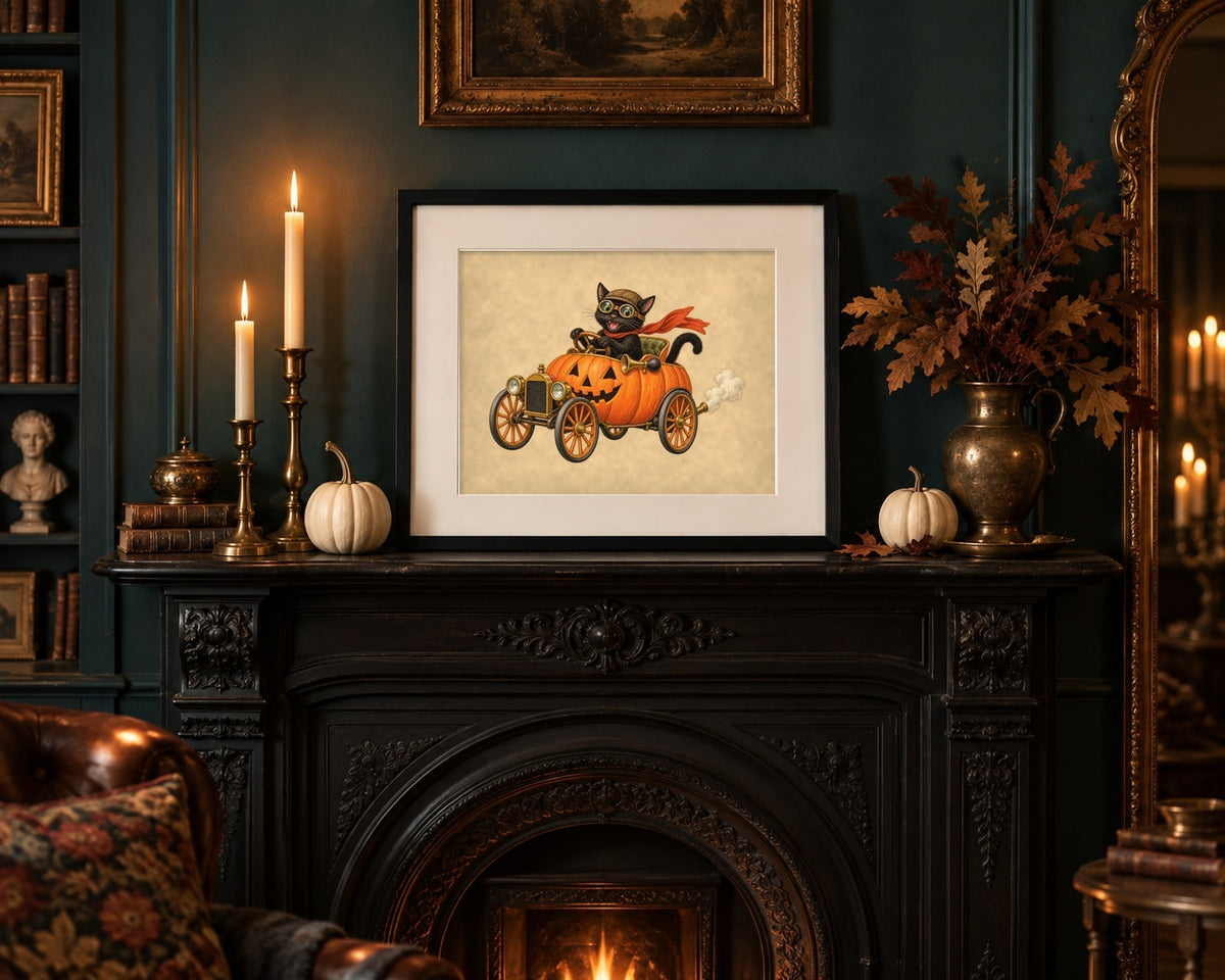Framed Halloween print on a cast-iron mantel in a teal Victorian parlour