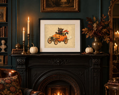 Framed Halloween print on a cast-iron mantel in a teal Victorian parlour