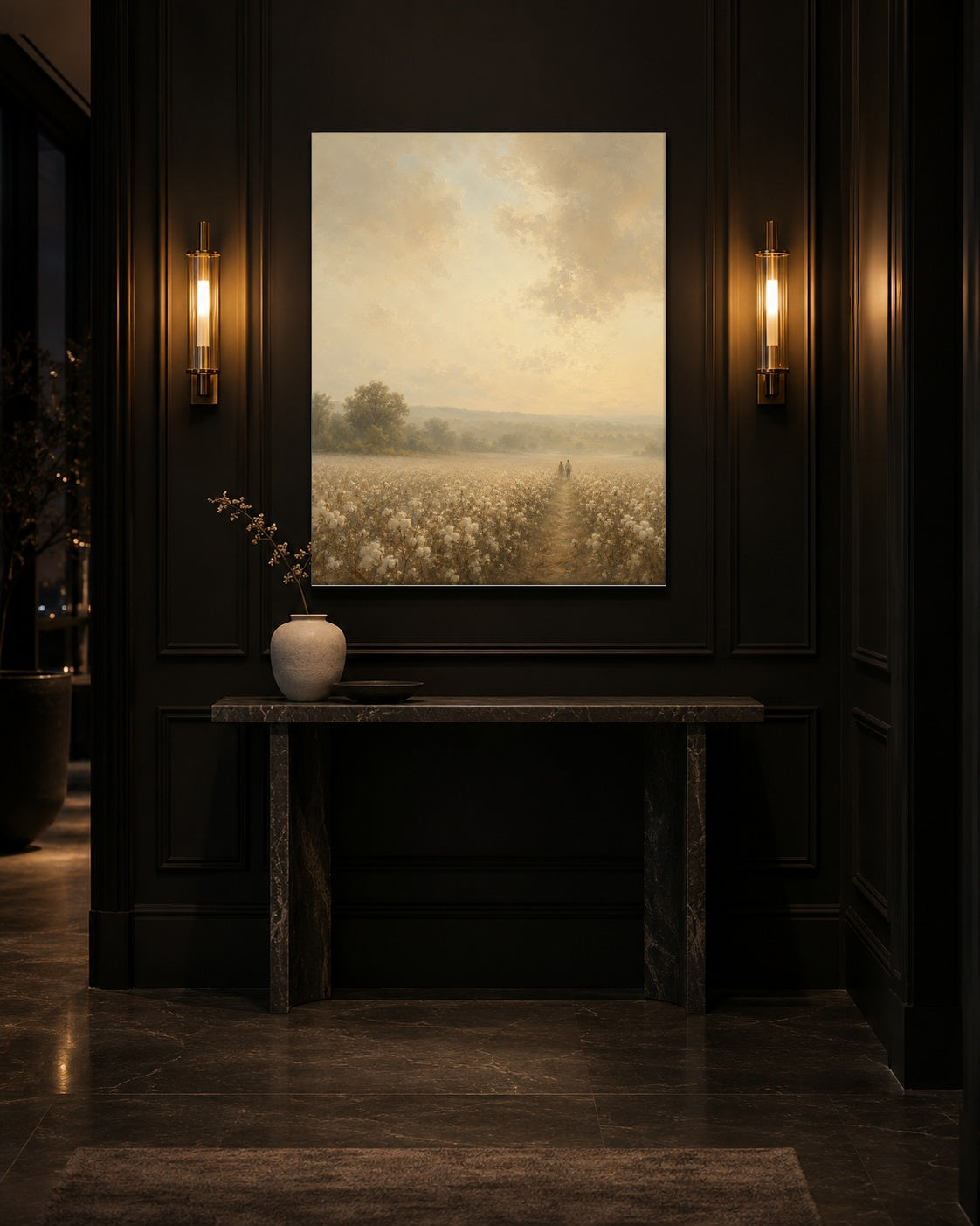 Cotton field anniversary canvas in a black entryway with brass sconces