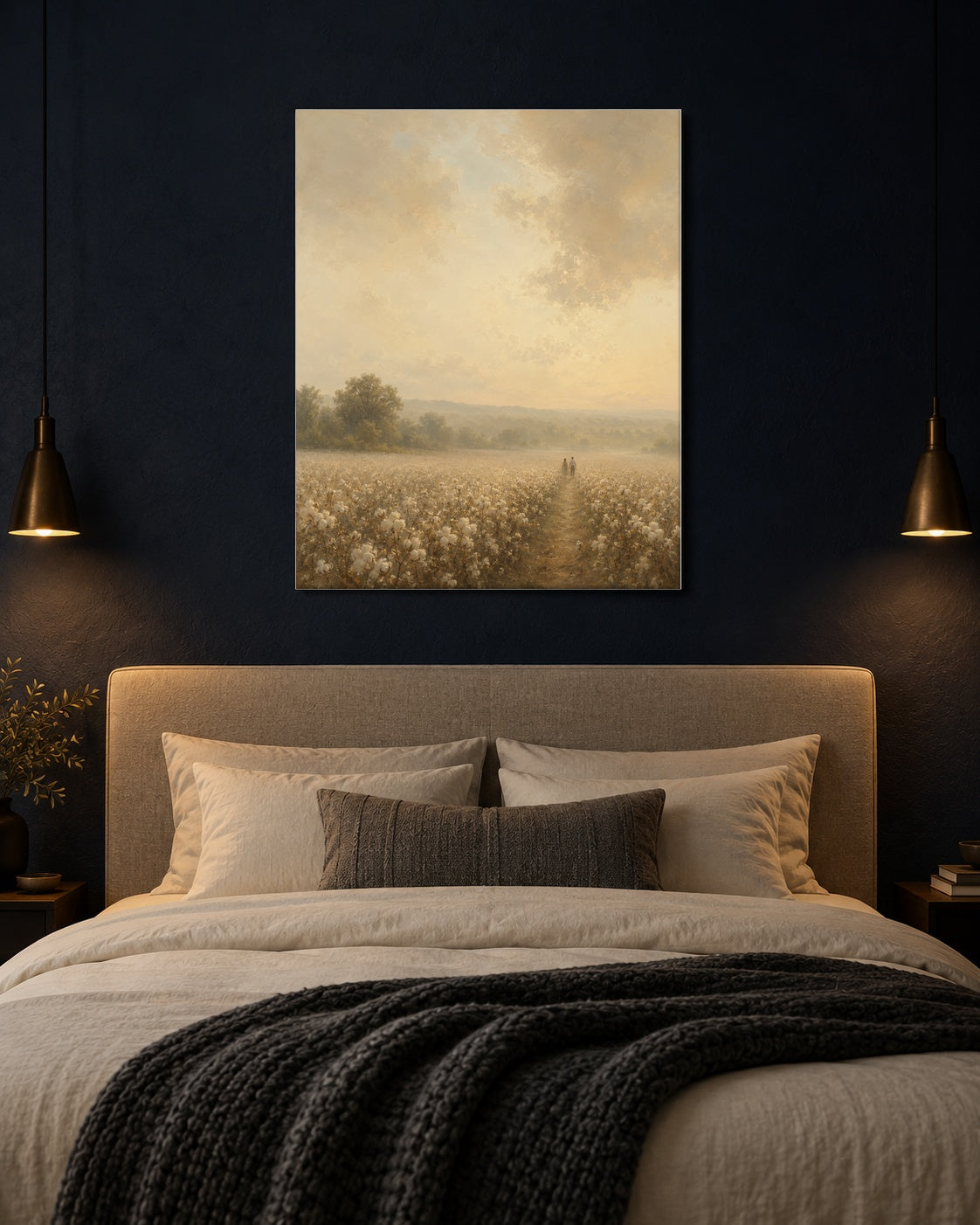 Cotton field anniversary canvas above a bed in a deep navy bedroom