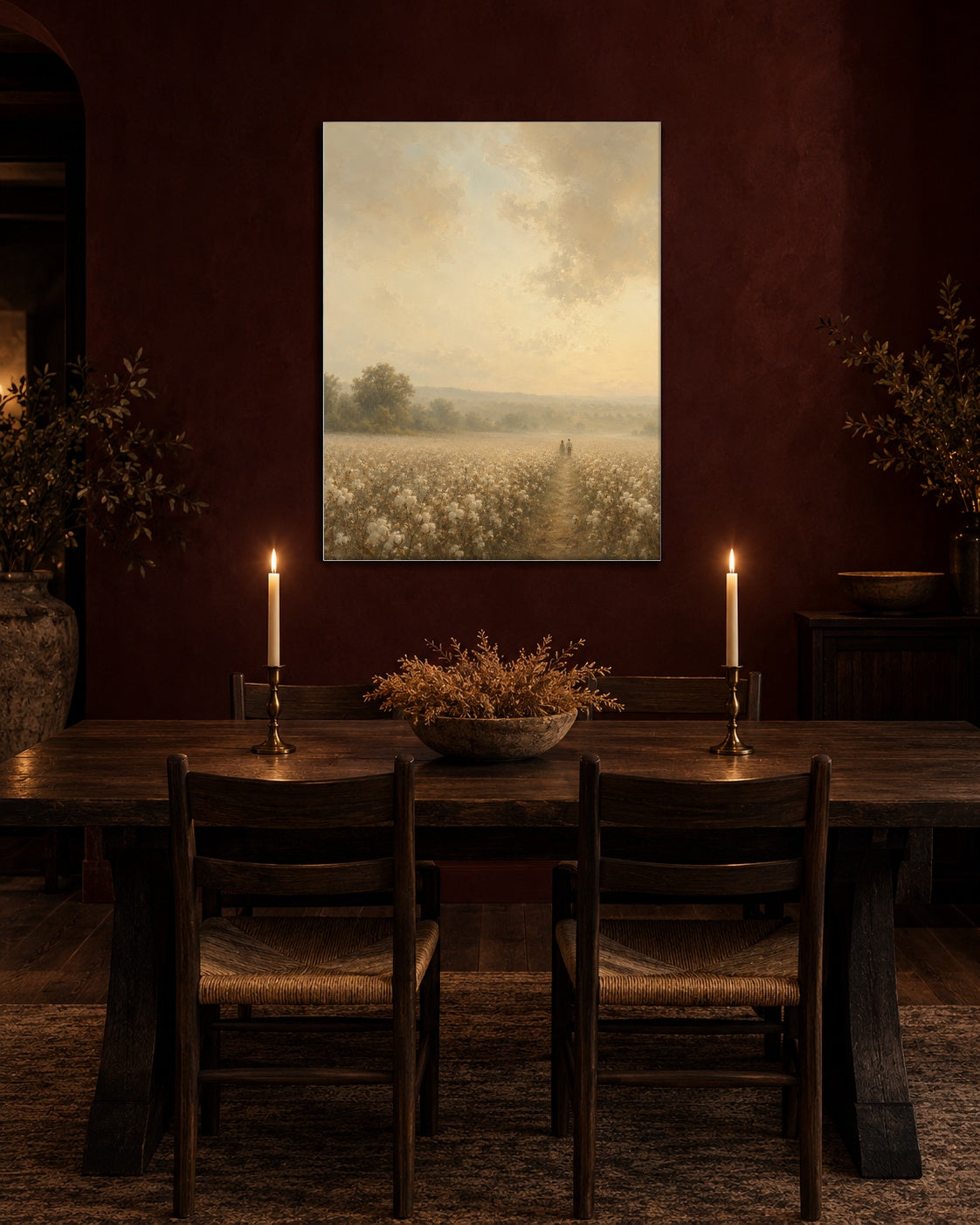 Cotton field anniversary canvas in an oxblood dining room with taper candles