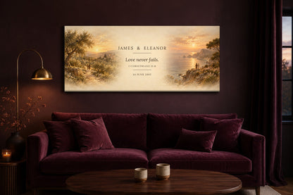Personalized wedding diptych canvas with couple names and date, hanging in a plum living room