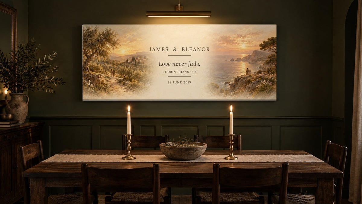 Personalized wedding diptych canvas in an olive dining room