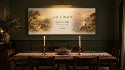 Personalized wedding diptych canvas in an olive dining room