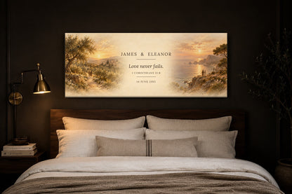Personalized wedding diptych canvas above a bed