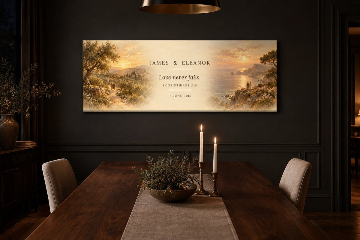 Personalized wedding diptych canvas in an espresso hallway