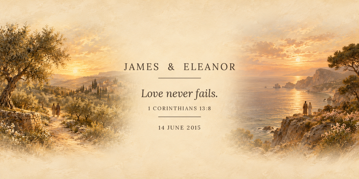 Wedding diptych artwork showing olive grove, Love Never Fails 1 Corinthians 13:8 with names and date, and coastal headland