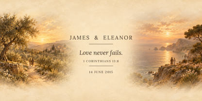 Wedding diptych artwork showing olive grove, Love Never Fails 1 Corinthians 13:8 with names and date, and coastal headland
