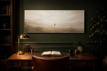 David and Goliath modern neutral Christian canvas staged above a walnut desk in a deep green study with brass lamp and open Bible