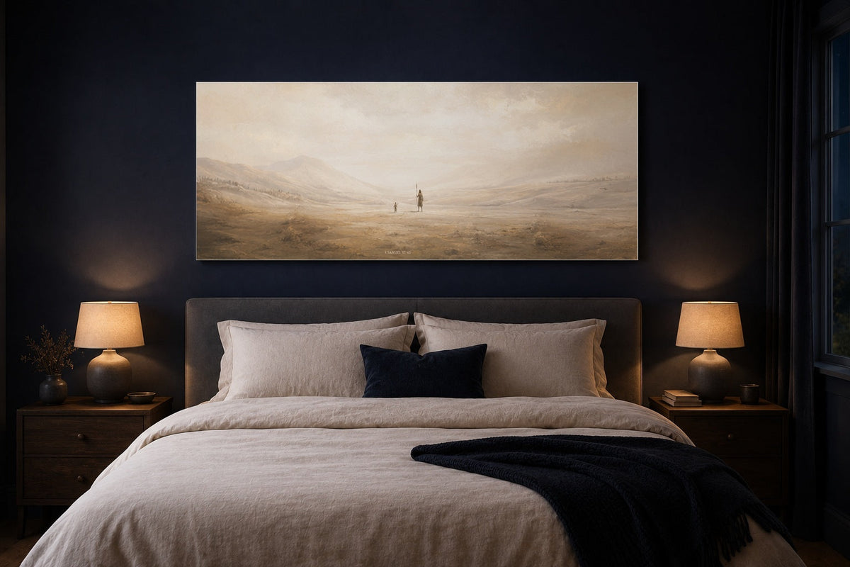 David and Goliath above-bed Christian canvas in a navy bedroom with warm bedside lamps