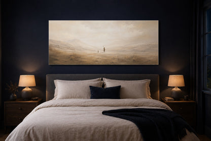 David and Goliath above-bed Christian canvas in a navy bedroom with warm bedside lamps