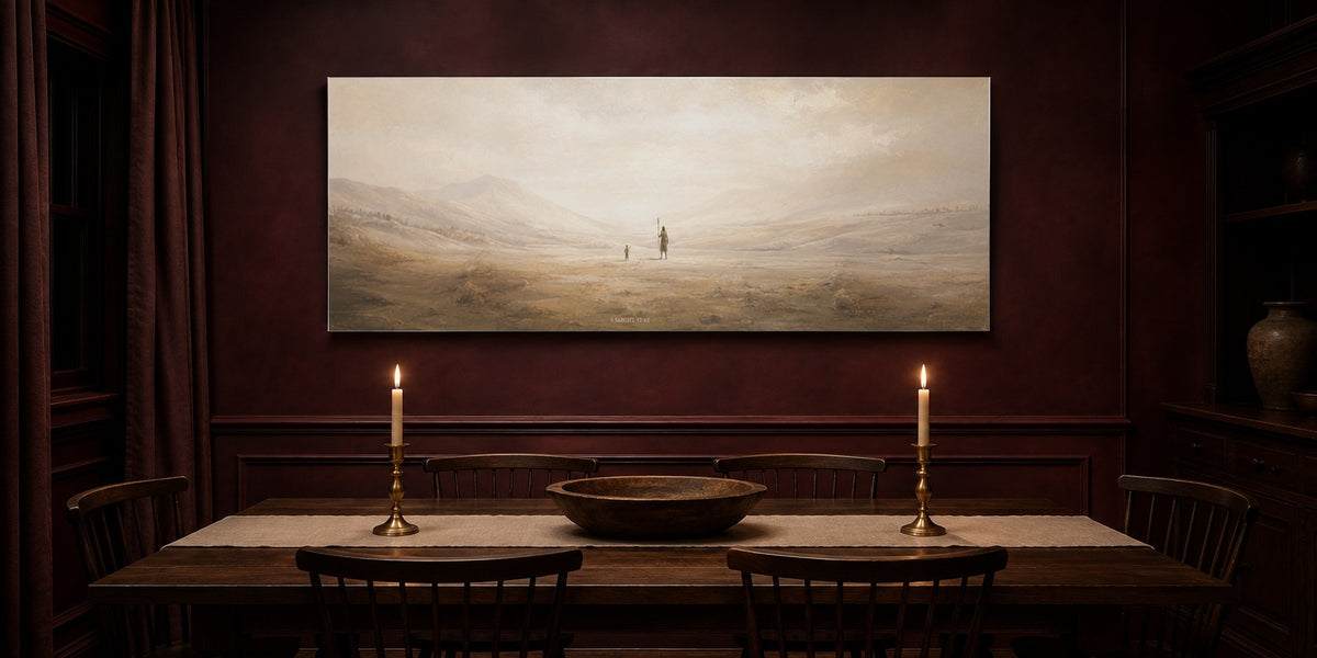 David and Goliath Christian canvas in an oxblood dining room with brass taper candles