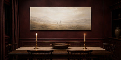David and Goliath Christian canvas in an oxblood dining room with brass taper candles