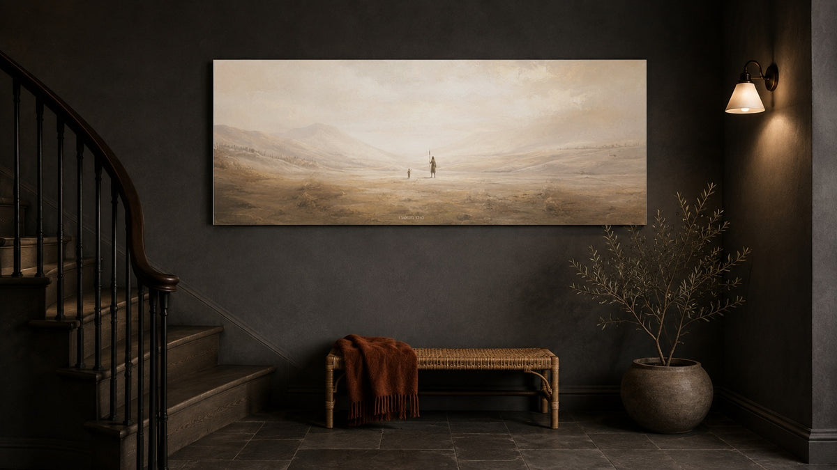 David and Goliath Christian canvas on a slate stair hall wall with a brass sconce