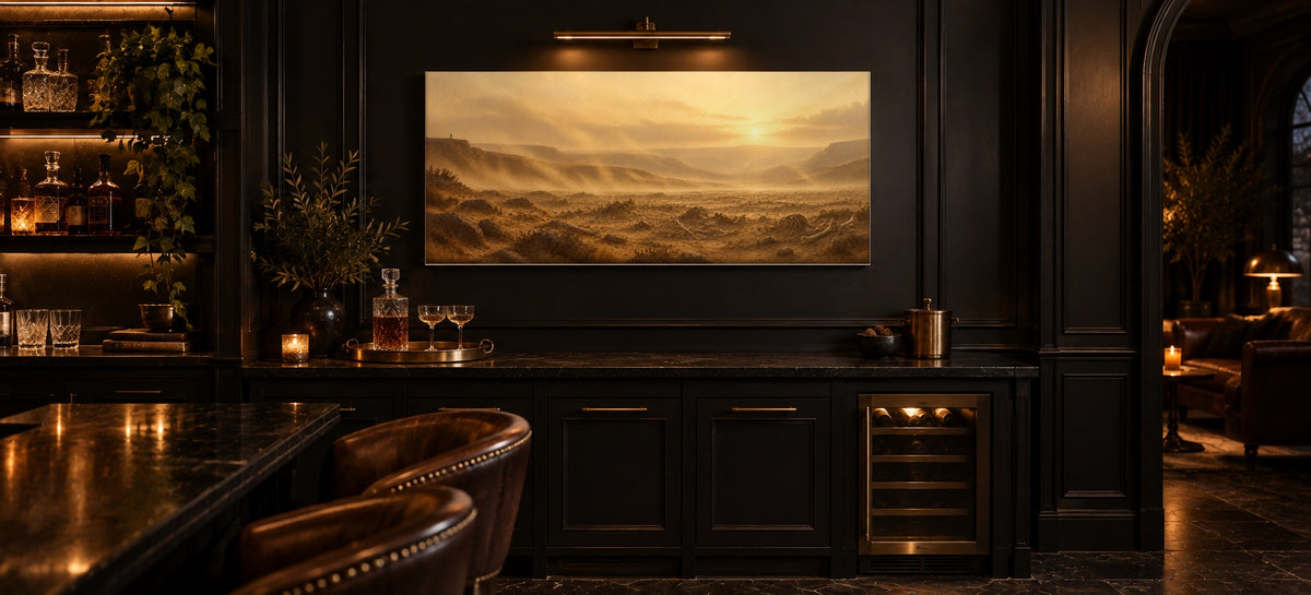 Valley of Dry Bones canvas in a black panelled home bar
