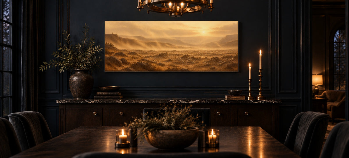 Valley of Dry Bones canvas in an inky blue dining room