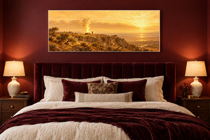 Elijah on Mount Carmel canvas above a burgundy velvet bed