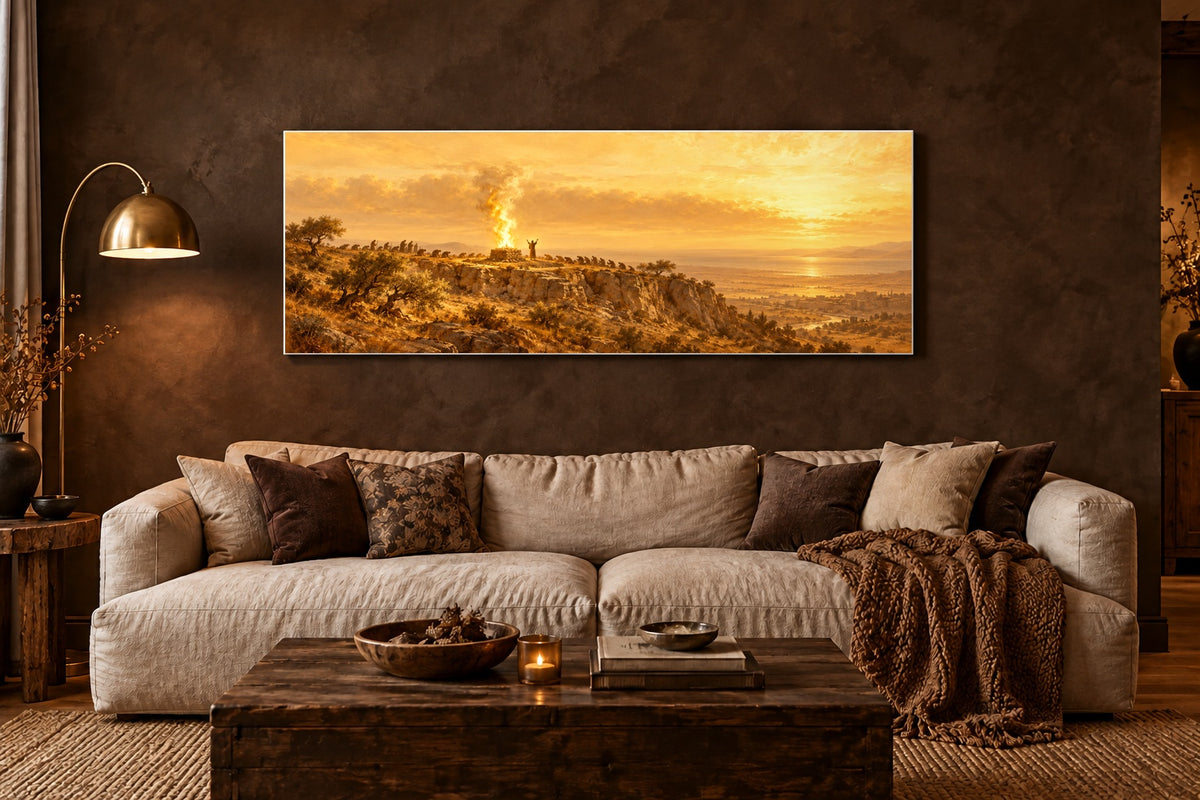 Elijah on Mount Carmel canvas above a linen sofa in an espresso limewash living room