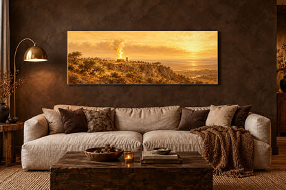 Elijah on Mount Carmel canvas above a linen sofa in an espresso limewash living room