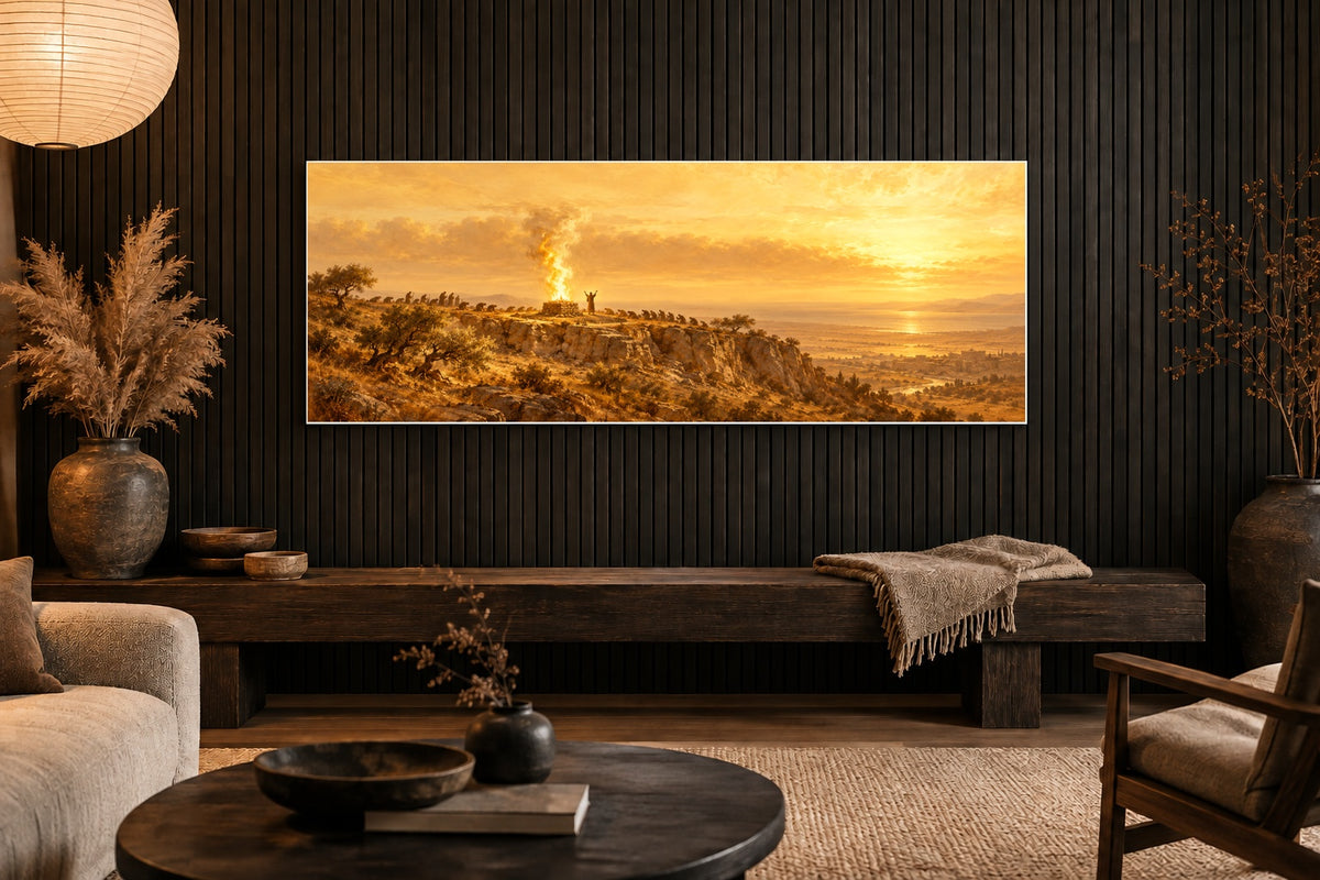Elijah on Mount Carmel canvas on a dark oak slat wall