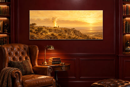 Elijah on Mount Carmel canvas in an oxblood library lounge