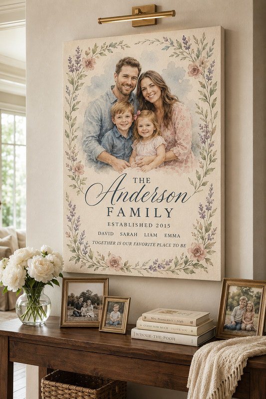 Custom watercolor family portrait canvas hand-painted from photo personalized family wall art gift mom dad kids of 4
