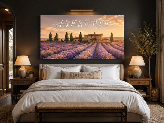 Custom Family Name Provence Lavender Fields Canvas above-bed mockup