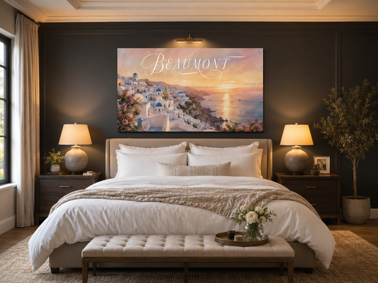 Custom Family Name Santorini Greek Sunset Canvas above-bed mockup