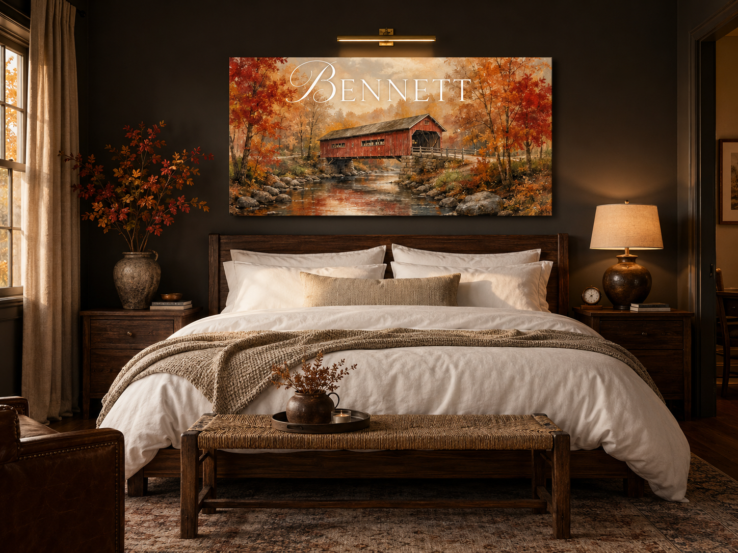 Custom Family Name Vermont Covered Bridge Canvas above-bed mockup