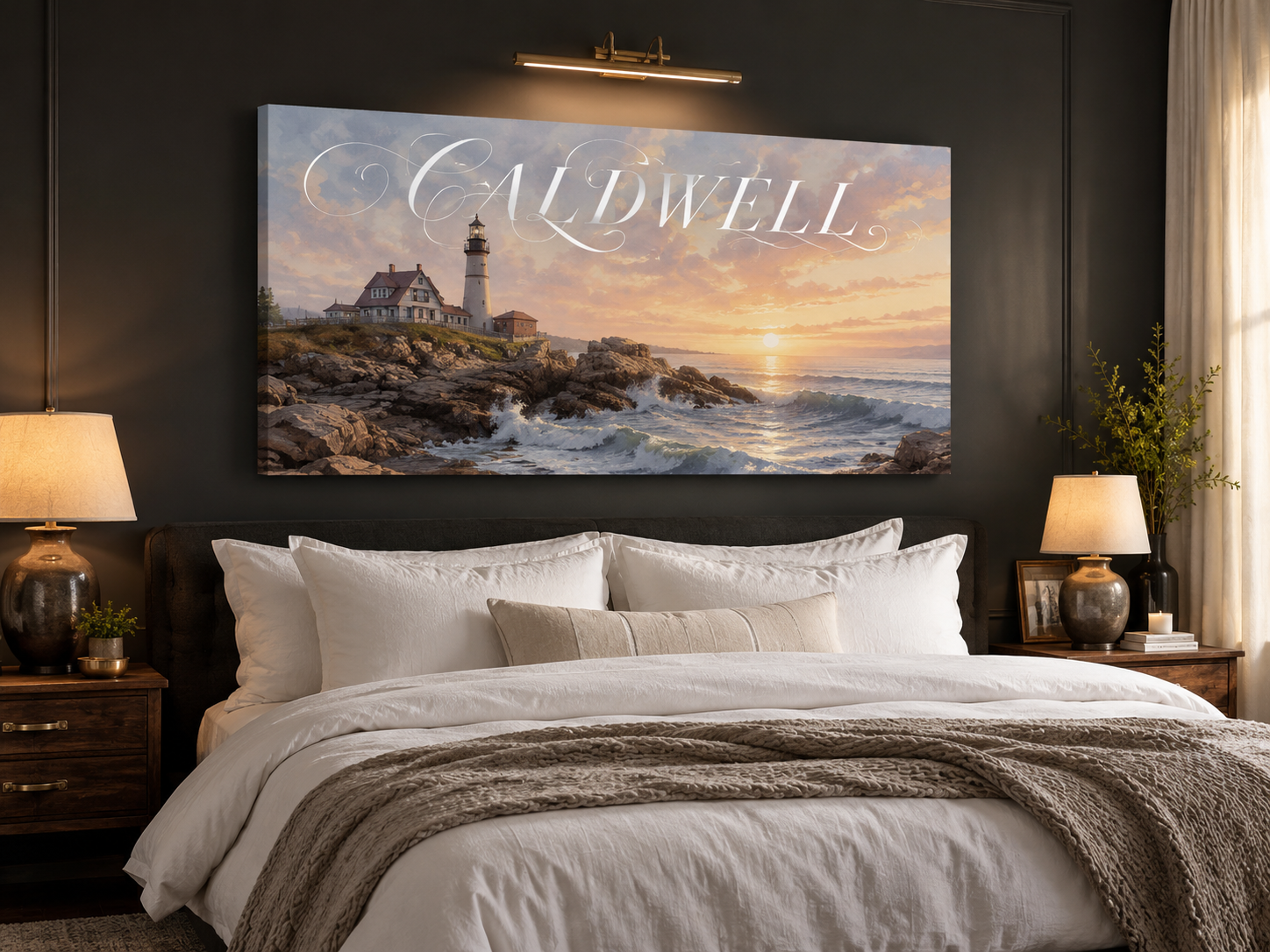 Custom Family Name Maine Lighthouse Coast Canvas above-bed mockup