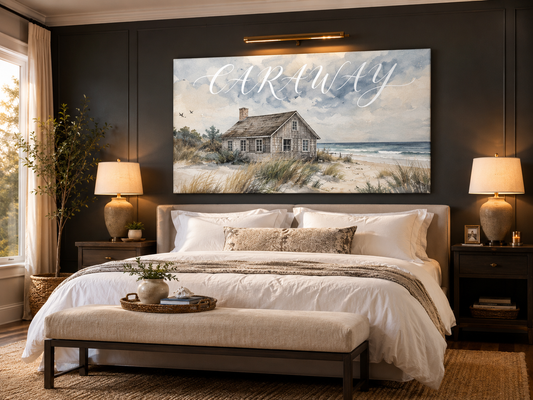 Custom Family Name Cape Cod Beach Cottage Canvas above-bed mockup