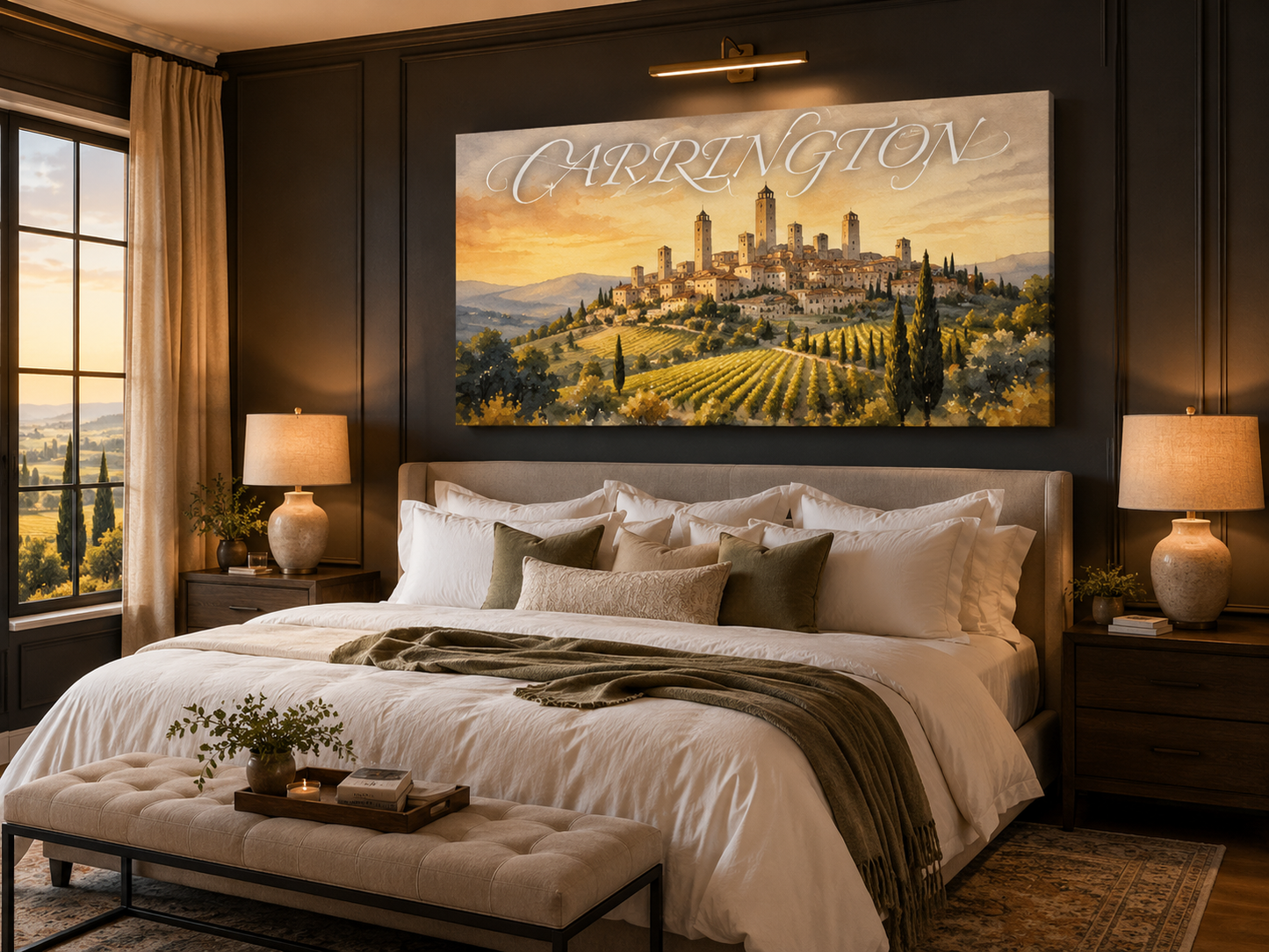 Custom Family Name Tuscan Hilltown Canvas above-bed mockup
