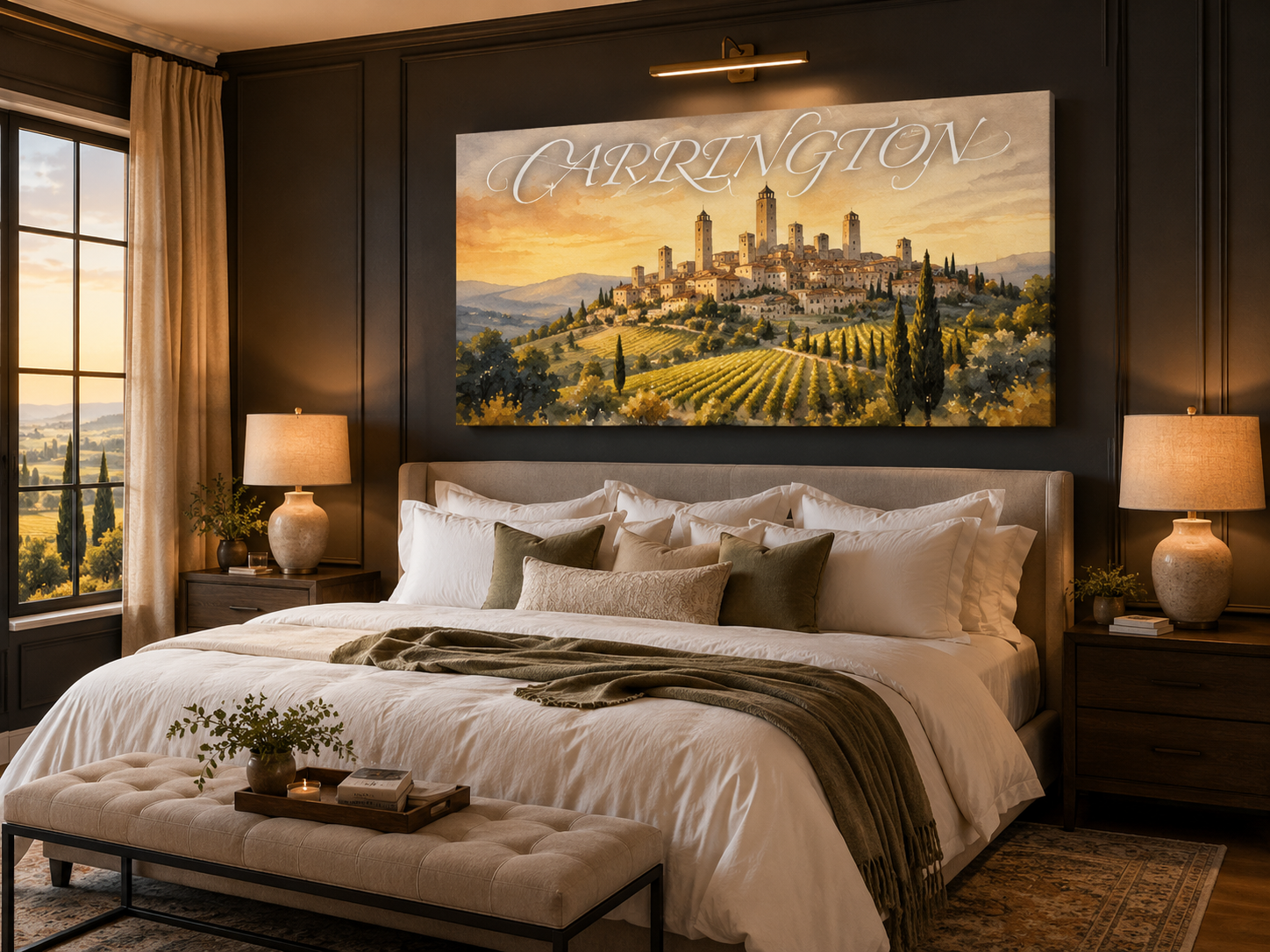Custom Family Name Tuscan Hilltown Canvas above-bed mockup