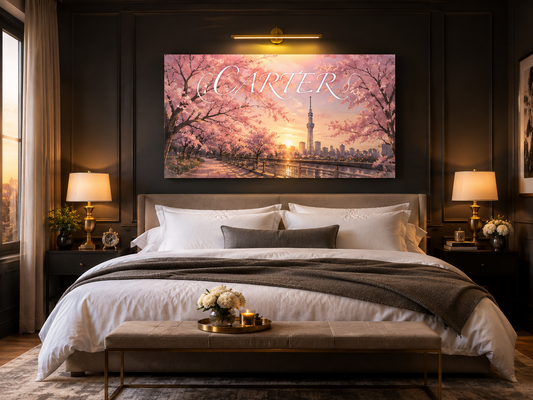 Custom Family Name Tokyo Cherry Blossom Canvas above-bed mockup