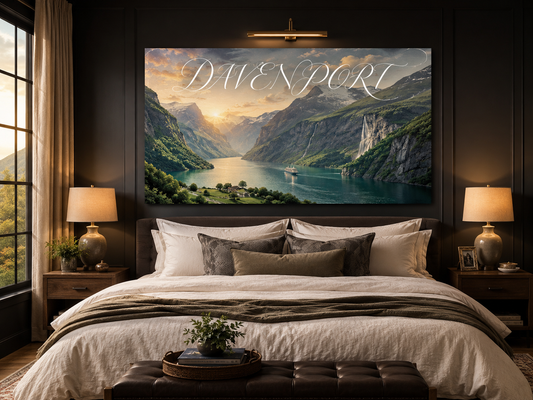 Custom Family Name Norway Geirangerfjord Canvas above-bed mockup