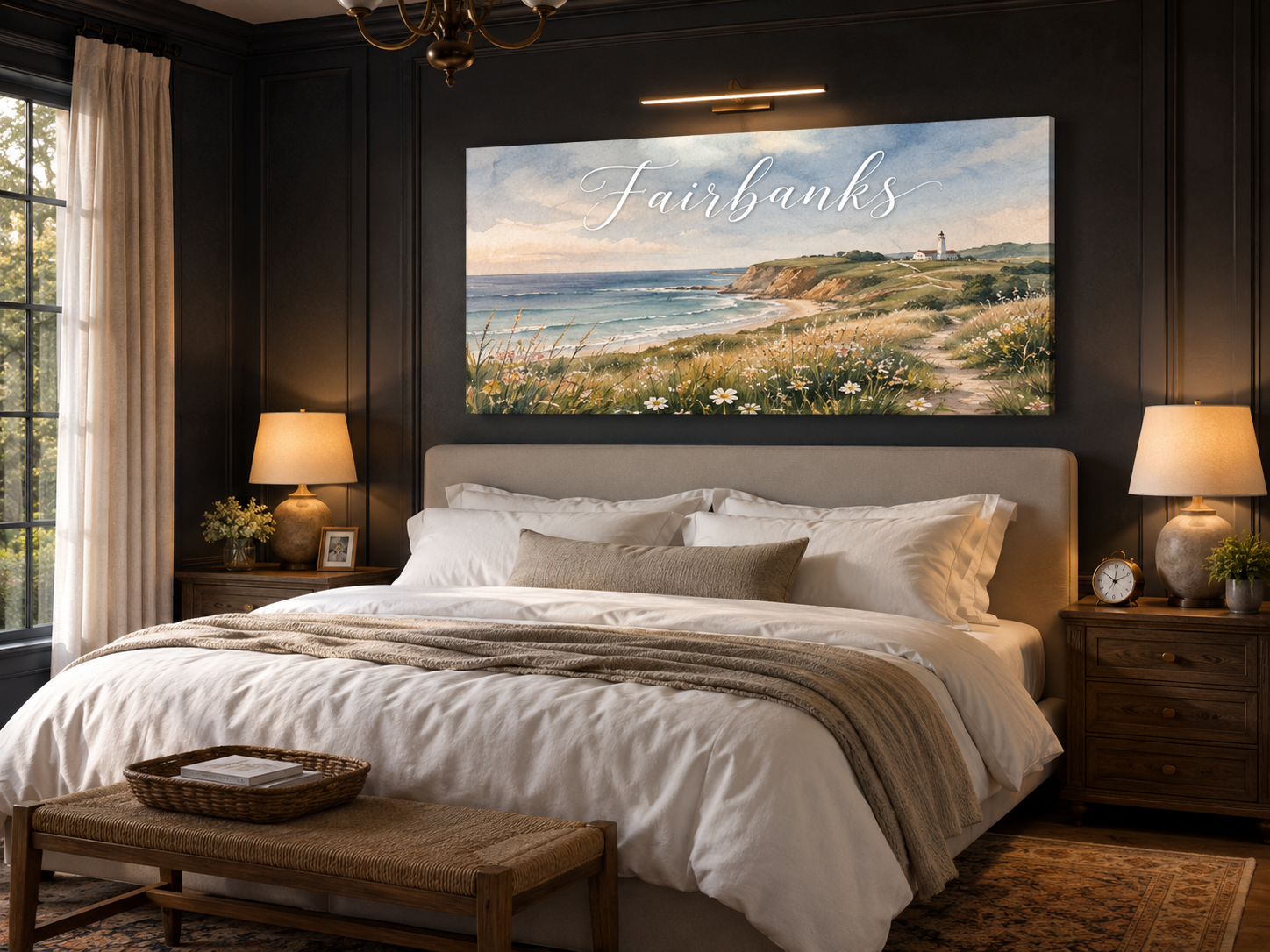 Custom Family Name Block Island Rhode Island Canvas above-bed mockup