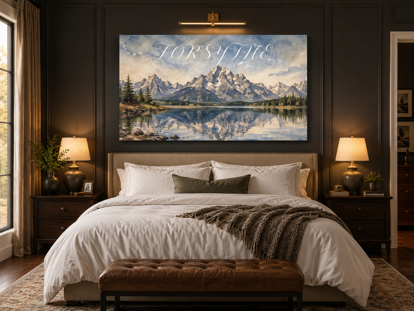 Custom Family Name Grand Teton Wyoming Canvas above-bed mockup