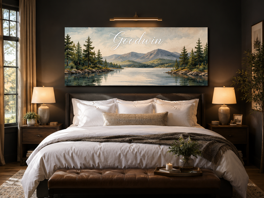 Custom Family Name Adirondack Lake New York Canvas above-bed mockup
