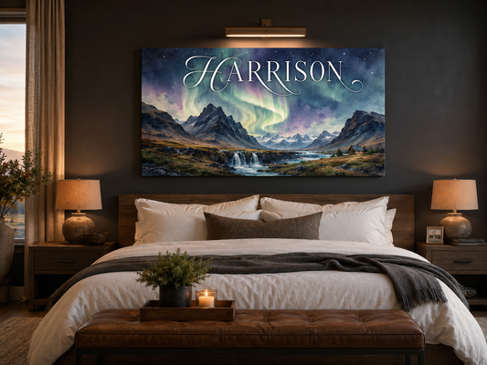 Custom Family Name Iceland Northern Lights Canvas above-bed mockup
