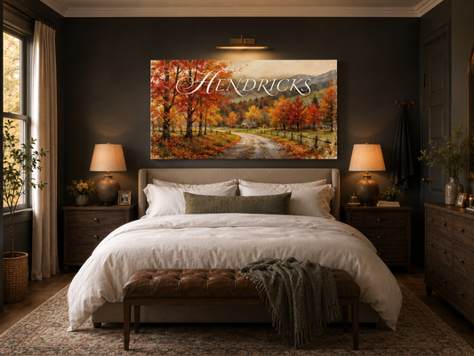 Custom Family Name Vermont Maple Fall Forest Canvas above-bed mockup