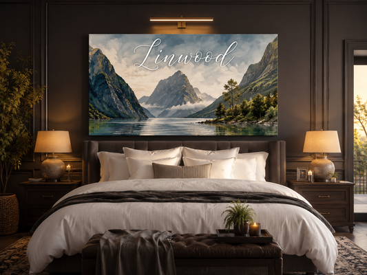 Custom Family Name Milford Sound New Zealand Canvas above-bed mockup