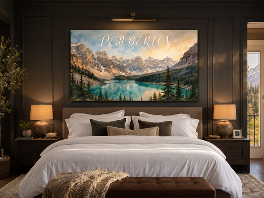 Custom Family Name Banff Lake Louise Canvas above-bed mockup