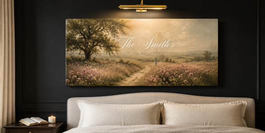 Custom Family Name Watercolor Pink Meadow Canvas