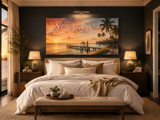 Custom Family Name Florida Keys Sunset Canvas above-bed mockup