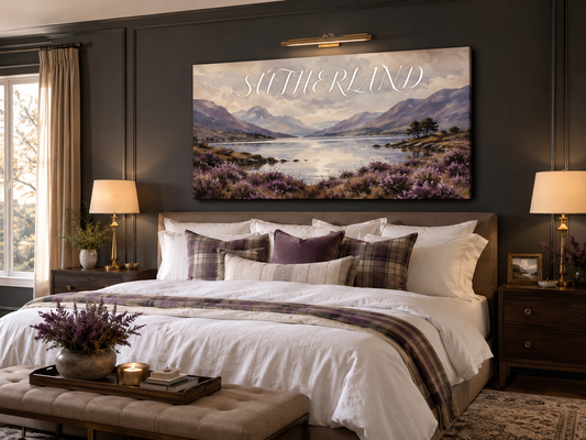 Custom Family Name Scottish Highland Loch Canvas above-bed mockup