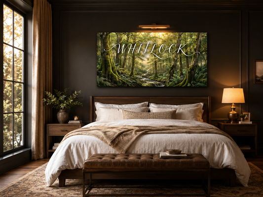 Custom Family Name Olympic Rainforest Canvas above-bed mockup