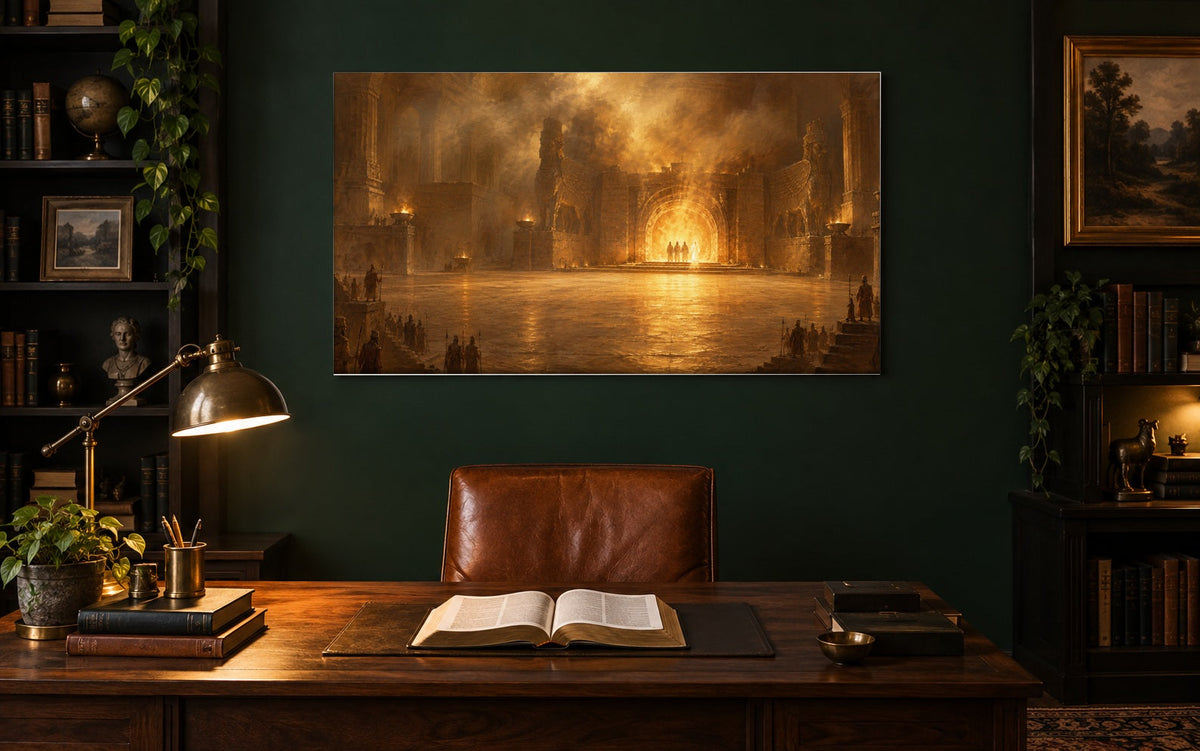 Fiery Furnace Daniel 3 Christian canvas hanging in a dark green study above a walnut desk