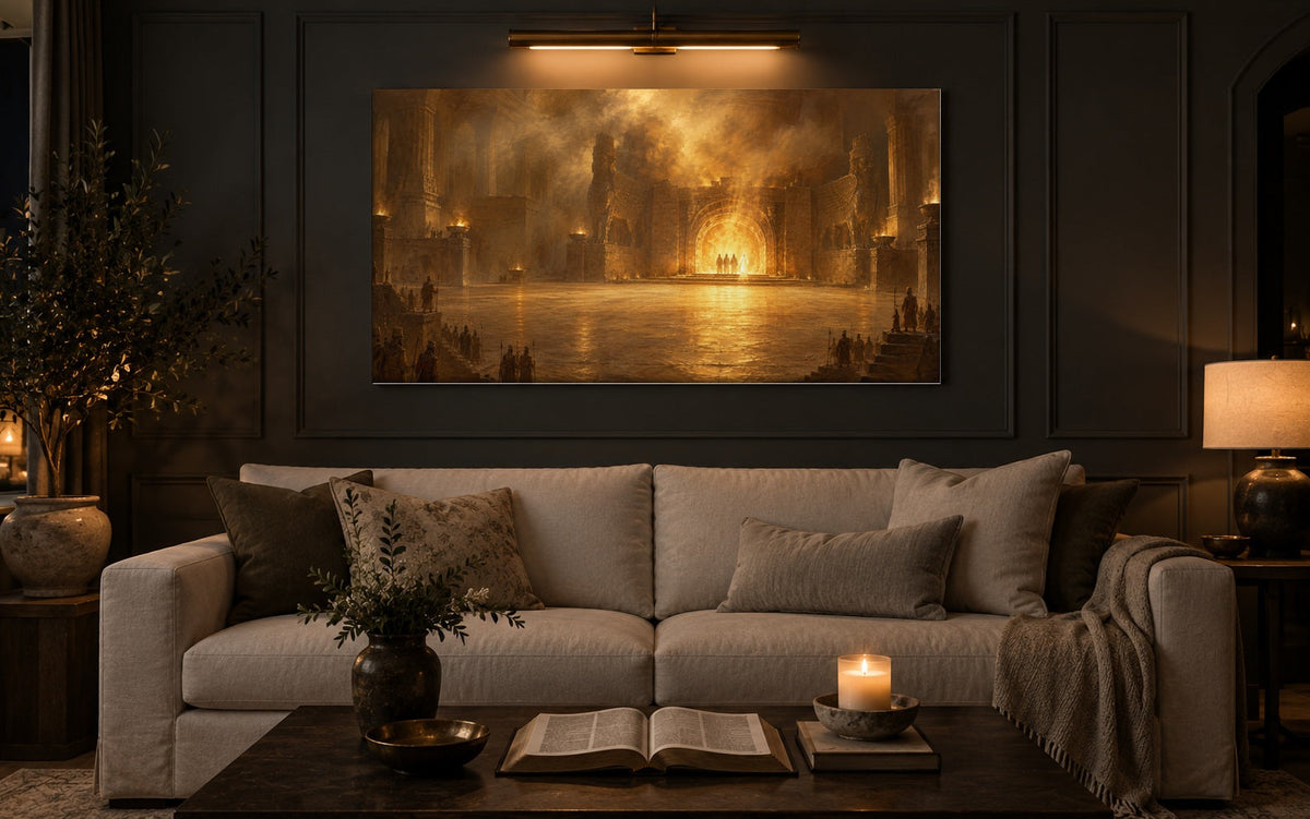 Fiery Furnace canvas above a cream sofa in a charcoal living room